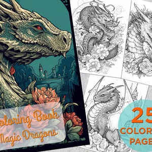 25 Magic Dragons Coloring Pages, Adults kids Printable Grayscale Coloring Page, Coloring pages for adults, Dragons Digital Coloring Book