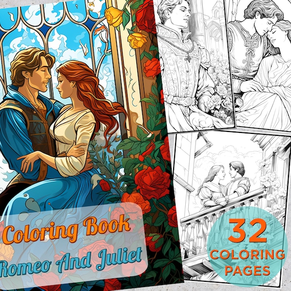 32 Romeo And Juliet Coloring Pages, Romantic Fairy Tale Printable Grayscale Coloring Book, Romeo And Juliet Digital Coloring Book Pages