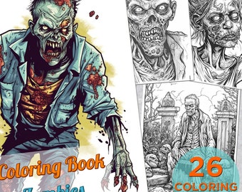Puede incluir: Un libro para colorear titulado "Zombies" con una ilustración de zombi en la portada. La portada presenta un zombi de piel verde con una camisa azul. El libro incluye 26 páginas para colorear.