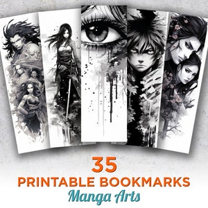 35 Marcadores imprimibles Manga, Hojas de marcadores digitales en blanco y negro Manga, Sublimación de marcadores Manga PNG, Conjunto de marcadores de impresión y corte