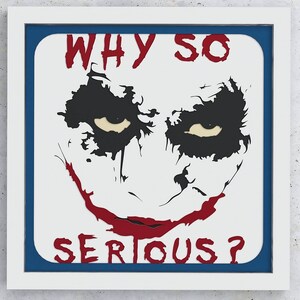 May include: A white framed print with a blue border featuring a black and white illustration of the Joker from the Batman franchise. The Joker's face is shown with a red smile and the text "WHY SO SERIOUS?" in red.