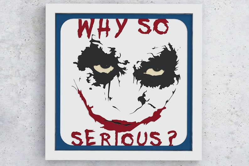 May include: A white framed print with a blue border featuring a black and white illustration of the Joker from the Batman franchise. The Joker's face is shown with a red smile and the text "WHY SO SERIOUS?" in red.