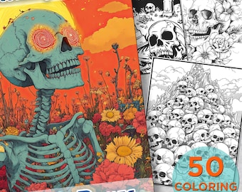 50 Skull And Bone Coloring Pages, Creepy Printable Grayscale Coloring Book, Coloring pages for adult, Printable Creepy Digital Coloring Book