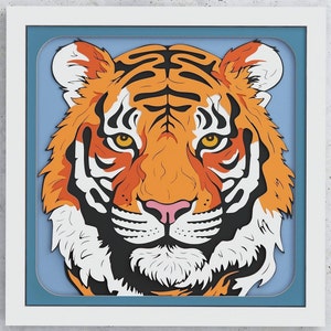 Tiger Shadow Box, Tiger SVG Warstwowy projekt dla Cricut Silhouette Glowforge, 3D Tiger Head Warstwowy SVG Shadow Box dla Cricut