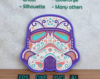 May include: A layered, colorful decorative piece in the shape of a Stormtrooper helmet, featuring a Day of the Dead sugar skull design. The design incorporates purple, teal, pink, and white. The image also includes the text "- Cricut - Silhouette - Glowforge - Many others" and file type abbreviations.