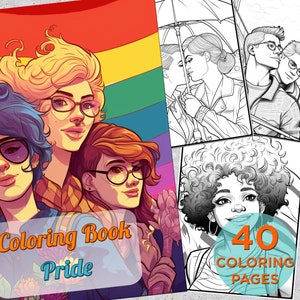 May include: A coloring book with a rainbow pride flag on the cover. The cover features three people with glasses and a text overlay that says "Coloring Book Pride" and "40 Coloring Pages".