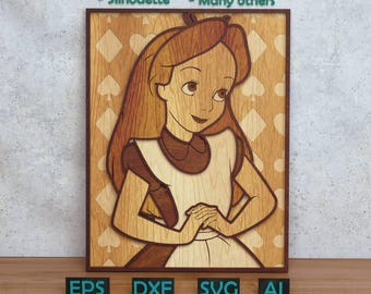 Cartoon Alice Layered Design for Laser And Paper Cutting, Wonderland Alice SVG DXF for Cricut & Silhouette Glowforge Shadow box