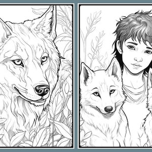 Puede incluir: Ilustraci&oacute;n en blanco y negro de l&iacute;nea de un lobo y una ni&ntilde;a en un entorno de bosque. El lobo est&aacute; de pie detr&aacute;s de la ni&ntilde;a, y ambos miran al espectador. La ni&ntilde;a lleva un vestido largo y tiene el pelo largo. El bosque est&aacute; lleno de &aacute;rboles y hojas.