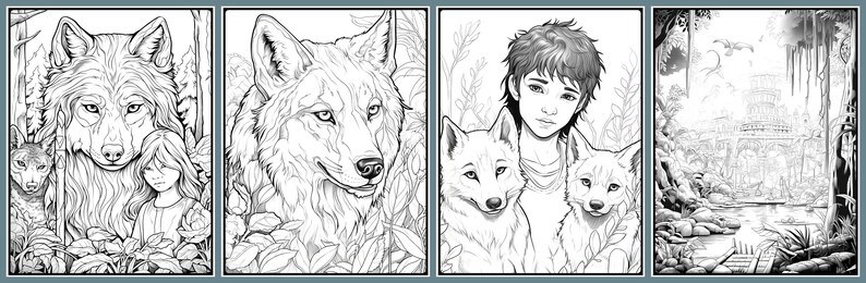 Puede incluir: Ilustraci&oacute;n en blanco y negro de l&iacute;nea de un lobo y una ni&ntilde;a en un entorno de bosque. El lobo est&aacute; de pie detr&aacute;s de la ni&ntilde;a, y ambos miran al espectador. La ni&ntilde;a lleva un vestido largo y tiene el pelo largo. El bosque est&aacute; lleno de &aacute;rboles y hojas.