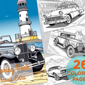 26 Classic Cars Coloring Pages, Adults Printable Grayscale Coloring Book, Coloring pages for adults, American Cars Digital Coloring Book