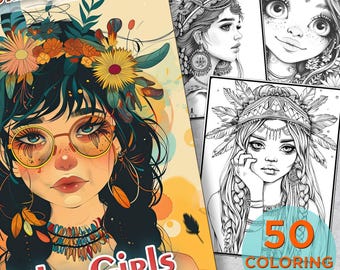 50 Boho Girl Coloring Pages, Hippie Boho Girl Printable Grayscale Coloring Book for Girls, Boho Girl Digital Printable Coloring Book
