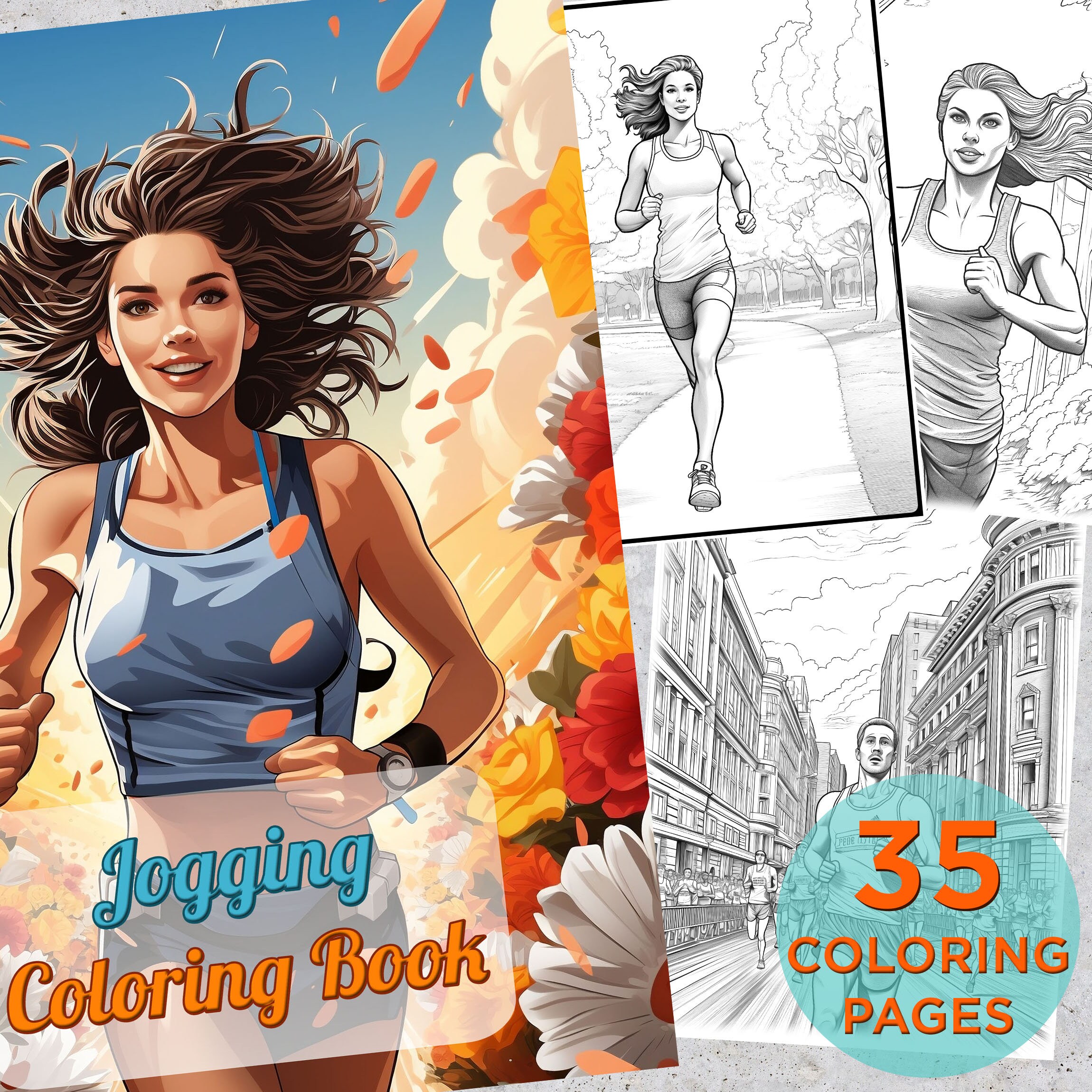 35 Jogging Coloring Pages, Adults Printable Grayscale Coloring Book with Runners, PDF Jogging Digital Coloring Book Pages for Adults