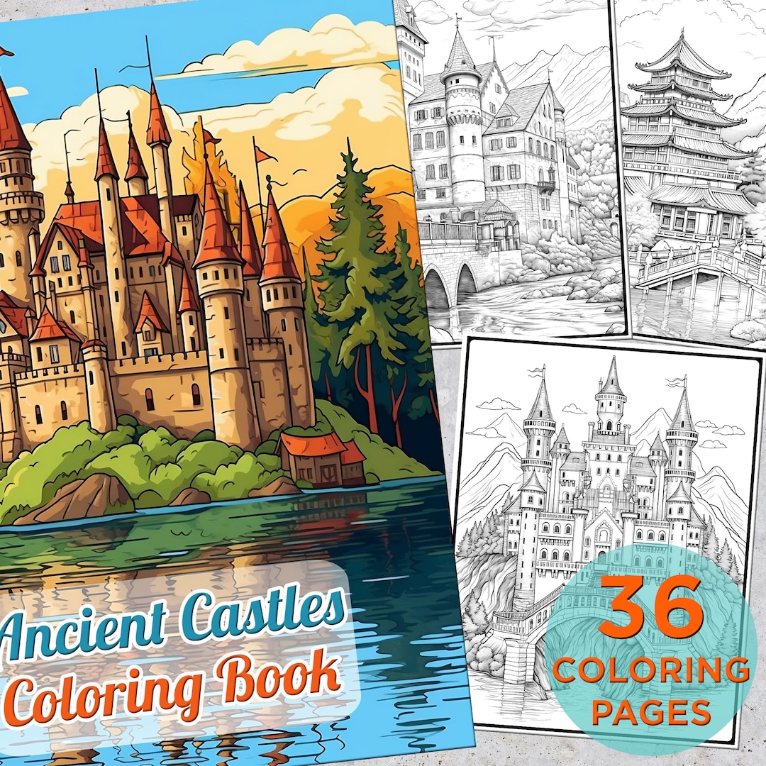 36 Ancient Castles Coloring Pages, Adults Printable Grayscale Fortress ...