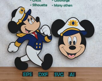 Cartoon Mouse Layered Design for Laser And Paper Cutting, Cruise Captain Mickey SVG DXF for Cricut & X-Tool Glowforge, Shadow box design