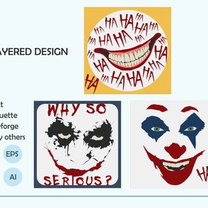 May include: A layered design featuring three different versions of the Joker's face. The first image is a circle with the Joker's mouth and teeth, surrounded by the word "HA" repeated multiple times. The second image is a square with the Joker's face and the text "WHY SO SERIOUS?" The third image is a square with the Joker's face and the word "HA" in the bottom right corner.