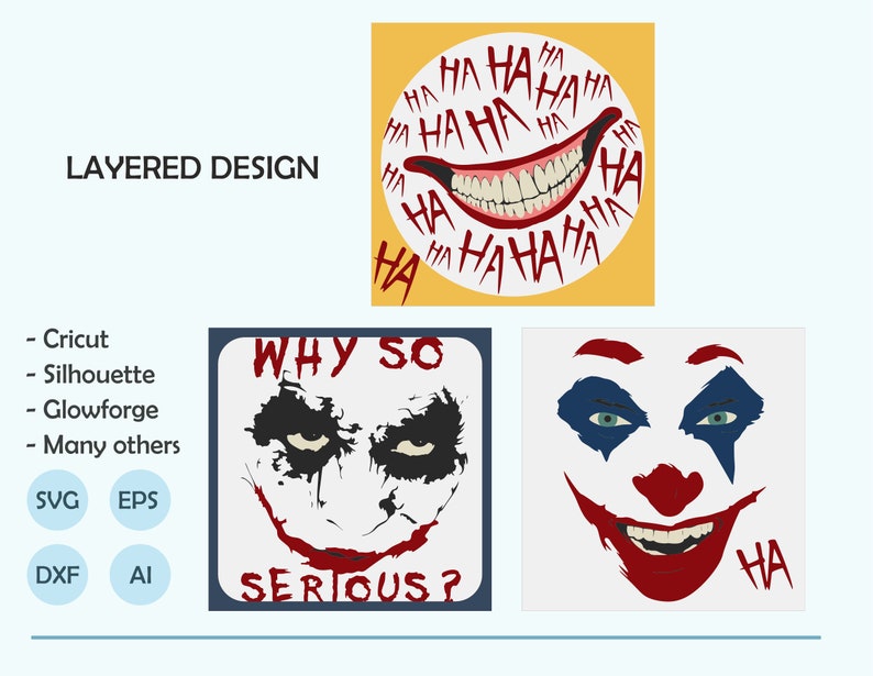 May include: A layered design featuring three different versions of the Joker's face. The first image is a circle with the Joker's mouth and teeth, surrounded by the word "HA" repeated multiple times. The second image is a square with the Joker's face and the text "WHY SO SERIOUS?" The third image is a square with the Joker's face and the word "HA" in the bottom right corner.