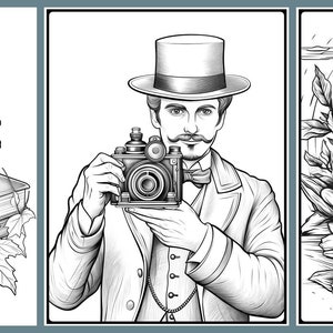 May include: Three black and white illustrations of vintage cameras. The first image shows a camera on top of a stack of books with maple leaves. The second image shows a man in a top hat holding a camera. The third image shows a camera in a landscape setting with mountains and flowers.