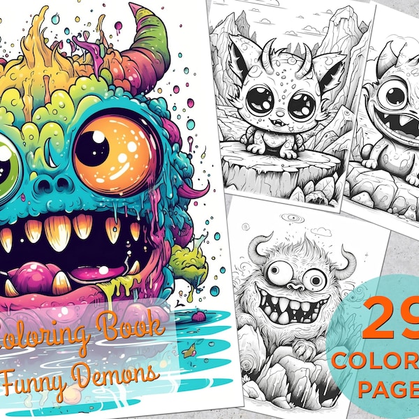 29 Funny Monsters Coloring Pages, Adults Printable Grayscale Coloring Page, Coloring pages for adults, Monster & Demon Digital Coloring Book