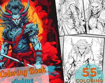 55 Anime Demon Slasher Coloring Pages, Big Coloring Book with Manga Anime arts, Demon Slasher Adults Printable Manga Drawings Coloring pages