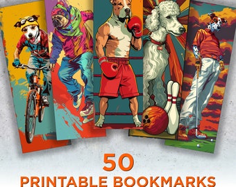 50 Dog Athletes Printable Bookmarks, Dogs Digital Download Bookmark Sheets, Dog Breeds PNG bookmark sublimation, Print and Cut Bookmark Set
