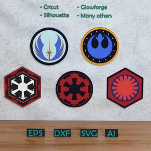 May include: A collection of colorful, layered circular and hexagonal designs, featuring various symbols. The designs are in shades of blue, red, black, and white. The image also includes the text "- Cricut - Silhouette - Glowforge - Many others" and file type abbreviations.