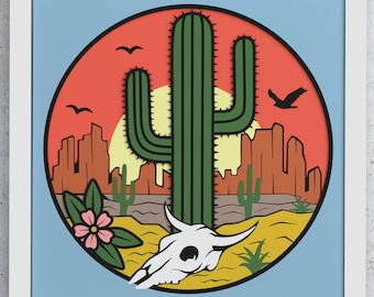 Caja de sombras de cactus para Cricut Silhouette Glowforge, Diseño en capas SVG de paisaje de Arizona para Cricut, Diseño de caja de sombras SVG en capas del desierto 3D