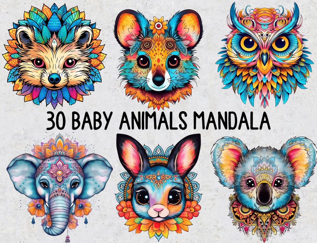 30 Baby Animal Mandala PNG Sublimation Clip Art, Set of Transparent PNG