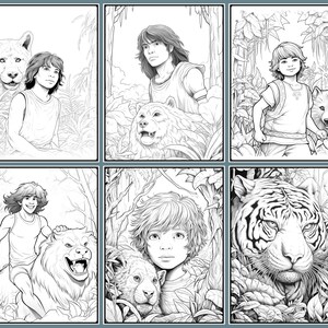 Puede incluir: Ilustraciones en blanco y negro de l&iacute;neas de un ni&ntilde;o y varios animales. El ni&ntilde;o se representa en diferentes poses, a veces con un lobo, un oso o un tigre. Las ilustraciones est&aacute;n sobre un fondo de follaje.