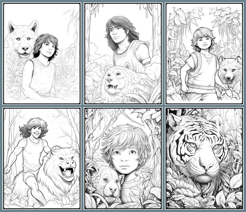 Puede incluir: Ilustraciones en blanco y negro de l&iacute;neas de un ni&ntilde;o y varios animales. El ni&ntilde;o se representa en diferentes poses, a veces con un lobo, un oso o un tigre. Las ilustraciones est&aacute;n sobre un fondo de follaje.