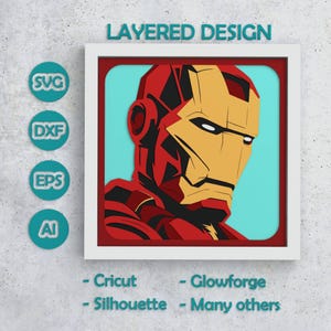 May include: A framed layered design of Iron Man in red and gold, set against a light blue background. The image includes SVG, DXF, EPS, and AI file type icons, and text indicating compatibility with Cricut, Glowforge, Silhouette, and other cutting machines.