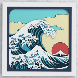 Caja de sombras Great Wave, diseño en capas SVG Great Wave para Cricut Silhouette Glowforge, Japón Caja de sombras SVG Great Wave en capas para Cricut