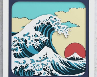 Great Wave Shadow Box, Great Wave SVG Layered design for Cricut Silhouette Glowforge, Japan Great Wave layered SVG Shadow Box for Cricut