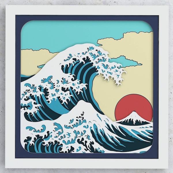 Great Wave Shadow Box, Great Wave SVG Layered design pour Cricut Silhouette Glowforge, Japon Great Wave couches SVG Shadow Box pour Cricut