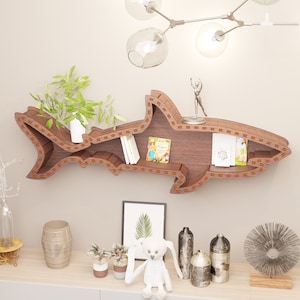 Étagères requin pour la découpe laser, modèle d'étagère animal intérieur original en bois numérique requin, fichiers de découpe DXF Glowforge étagère requin