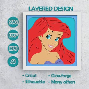 Könnte beinhalten: Ein gerahmtes, mehrschichtiges Design mit einer Cartoonfigur mit roten Haaren und blauen Augen. Das Bild enthält den Text "LAYERED DESIGN" und Symbole für die Dateiformate SVG, DXF, EPS und AI. Zusätzlicher Text erwähnt Cricut, Glowforge, Silhouette und andere kompatible Maschinen.