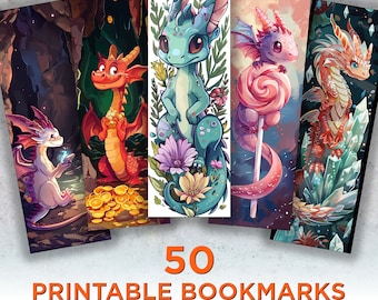 50 Baby Dragon Printable Bookmarks, Dragon Digital Download Bookmark Sheets, Dragon PNG bookmark sublimation, Print and Cut Bookmark Set