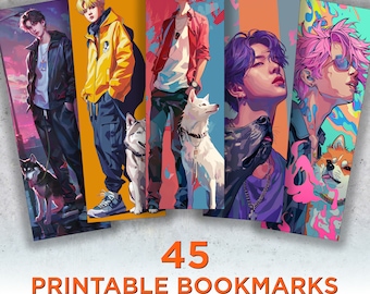 45 Korean Pop Idol Printable Bookmarks, Anime Dog Digital Download Bookmark Sheets, PNG bookmark sublimation, Print and Cut Bookmark Set