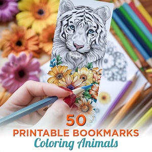 50 afdrukbare bladwijzers om dieren in te kleuren, dieren Digitale download bladwijzerbladen, pdf-bladwijzers om bladwijzerset in te kleuren, af te drukken en te knippen