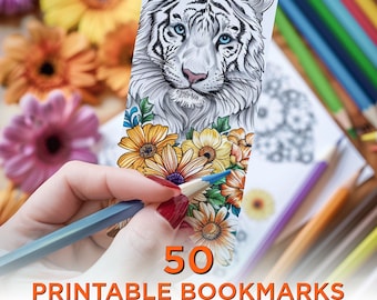50 Printable Bookmarks For Coloring Animals, Animals Digital Download Bookmark Sheets, PDF Bookmarks To Color, Print and Cut Bookmark Set