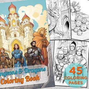 May include: A Dungeons & Dragons coloring book with 45 coloring pages. The cover features a group of adventurers standing in front of a large castle. The book is perfect for fans of fantasy and role-playing games.