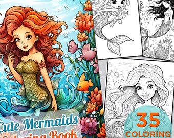 35 lindas páginas para colorear de sirenas, libro para colorear imprimible en escala de grises de hadas sirenas para adultos, páginas para colorear digitales de sirenas