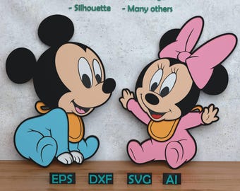 Cartoon Baby Mouses Layered Design for Laser And Paper Cutting, Baby Mickey and Minnie SVG DXF for Cricut & Silhouette X-Tool Glowforge