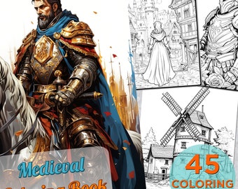 45 Medieval City Coloring Pages, Printable Coloring Page with Medieval town, Knight Coloring pages book, King Knight Princess Coloring Book