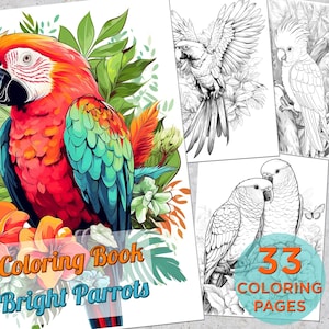 33 Parrots Coloring Pages, Parrots Adults kids Printable Grayscale Coloring Page, Coloring pages for adults, Parrots Digital Coloring Book