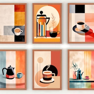 Juego de 6 impresiones artísticas de café para pared, juego de galería de arte de café bohemio para pared, póster moderno de café con pintura de acuarela ecléctica
