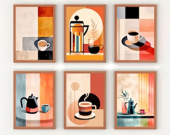 Könnte beinhalten: Sechs gerahmte abstrakte Kunstdrucke mit geometrischen Formen und Aquarell-Waschungen in Orange-, Blau- und Grautönen. Jeder Druck zeigt eine Kaffeetasse, eine Kaffeekanne oder eine French Press.