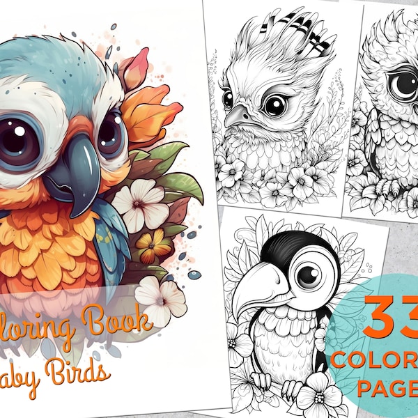 33 Baby Birds Coloring Pages, Adults Printable Coloring Page, Cute Baby Parrots Coloring pages book, Cute Baby Birds Digital Coloring Book