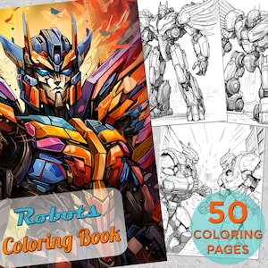 50 Robot Coloring Pages, Adults Printable Coloring Page with Robot arts, Robot Drawings Coloring pages book, Robot Digital Coloring Book
