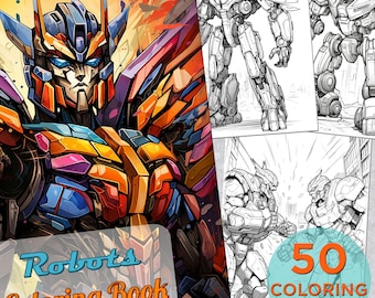Könnte beinhalten: Ein Malbuch mit Robotern. Der Umschlag zeigt einen bunten Roboter mit einem blauen, gelben und orangenen Design. Das Buch enthält 50 Malvorlagen.