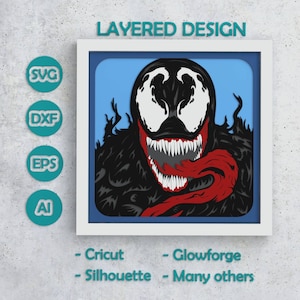 May include: A layered design featuring a black and white illustration of a character with a red tongue and teeth, set against a blue background within a white frame. The text "LAYERED DESIGN" is at the top. Icons for SVG, DXF, EPS, and AI are on the left.